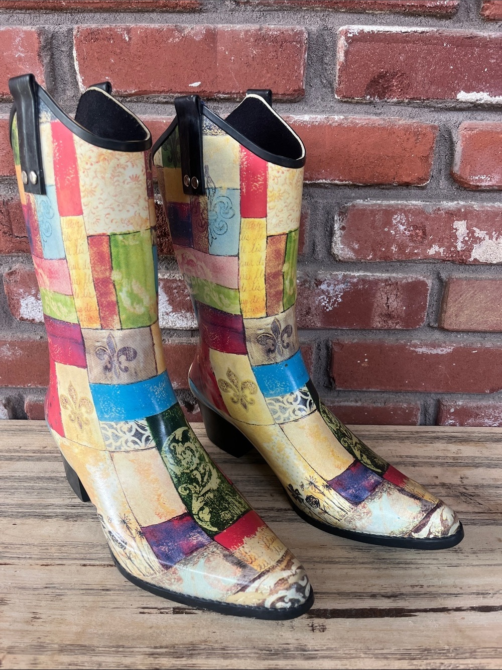 Patchwork Multicolor Women’s Heeled Rubber Boots by Rain ☔️ BOPS SZ 9